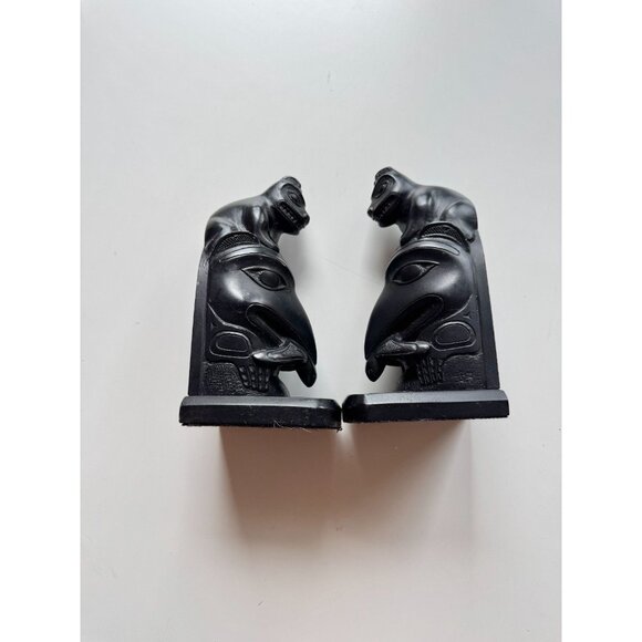 Vintage 70's BOMA CANADA Indigenous Northwest Haida Black Resin Totem Bookends - Picture 4 of 15